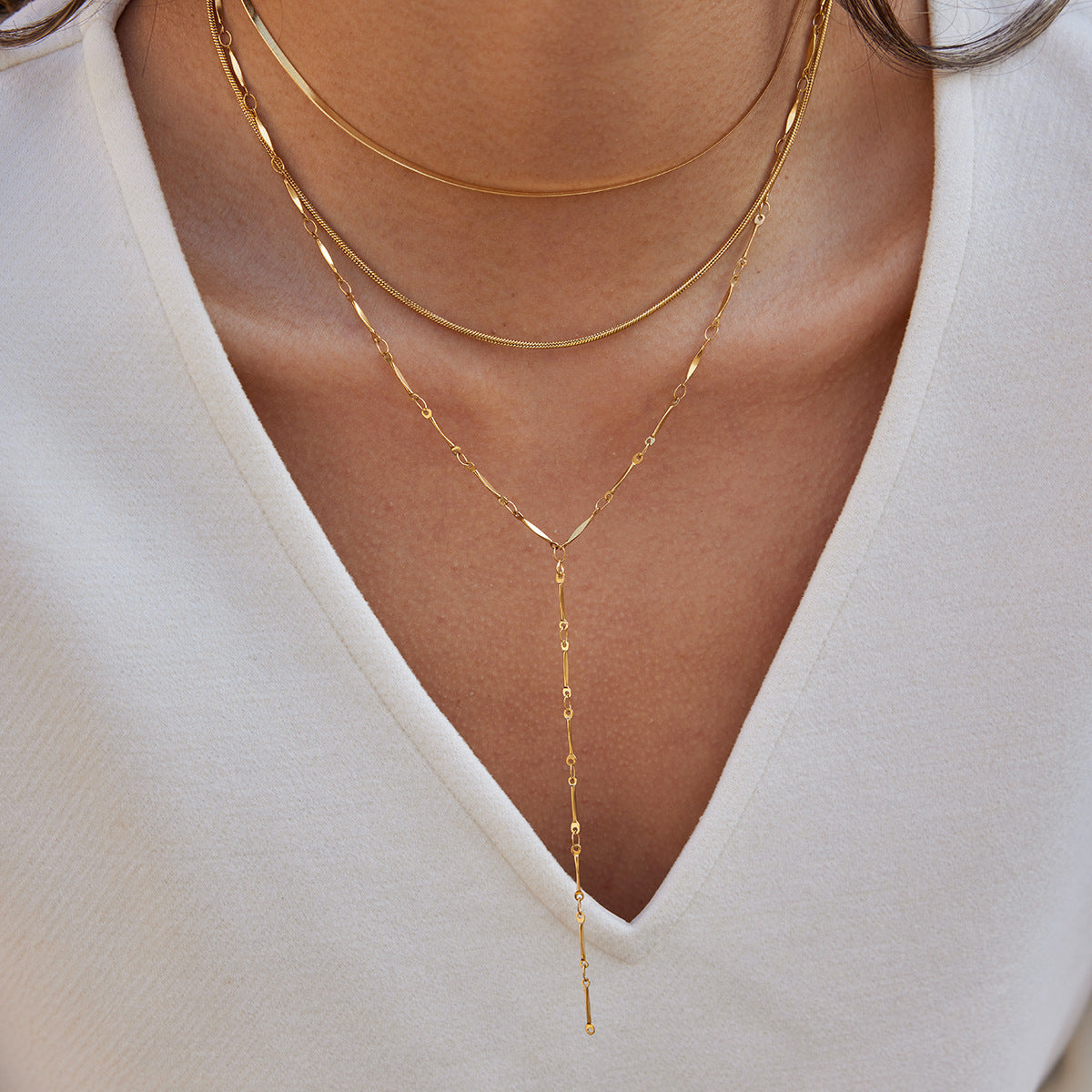 Triple Layer Y Necklace Gold Plated and Stainless Steel