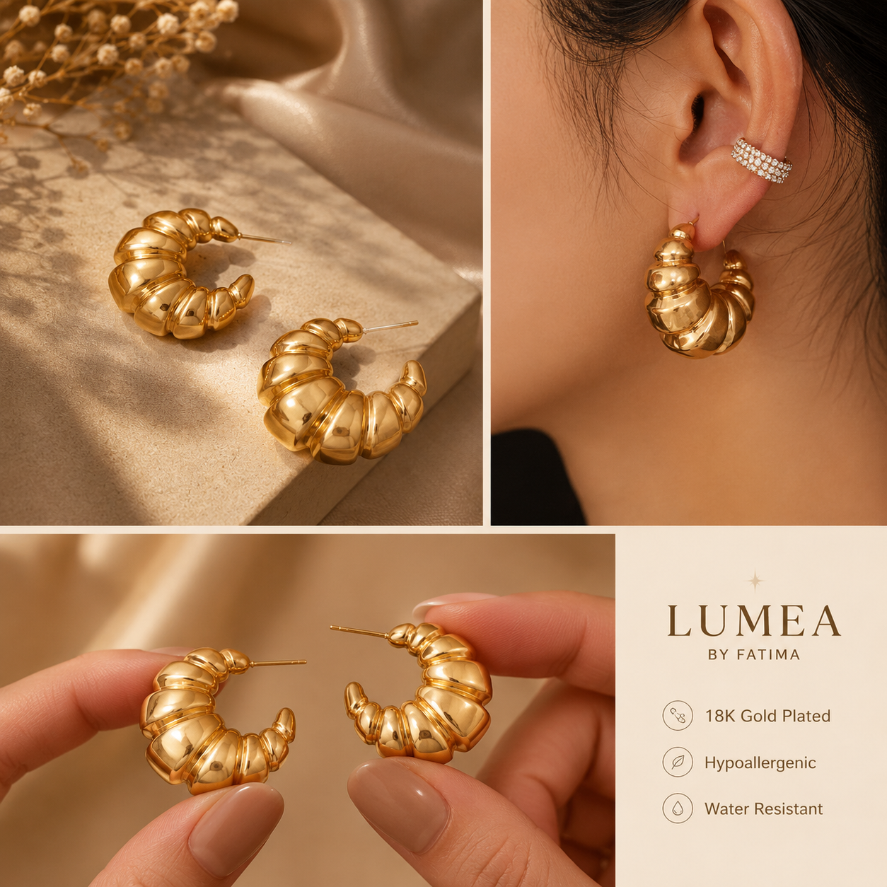 18K Gold Plated Stainless Steel Croissant Earrings
