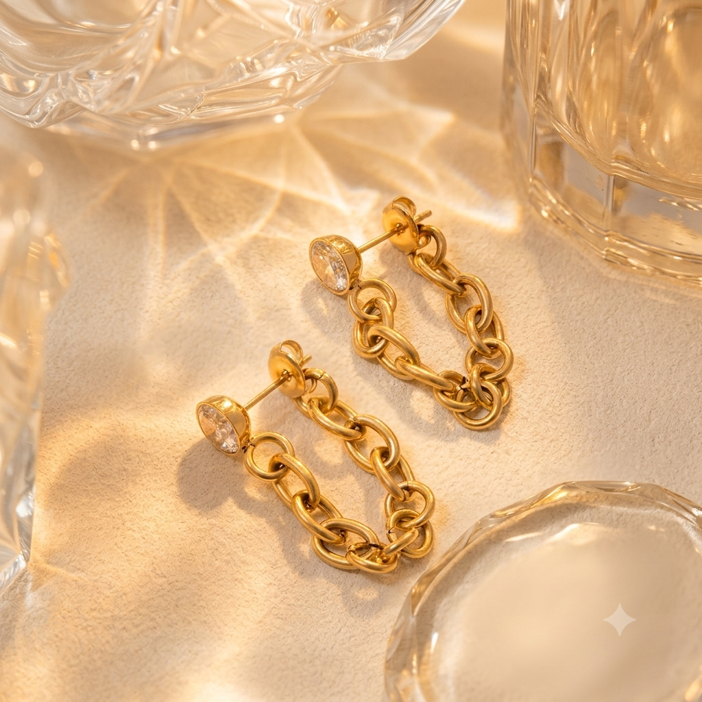 18k Gold Plated Stainless Steel Zircon Chain Earrings Bold Eye-Catching Party Date Jewelry Waterproof
