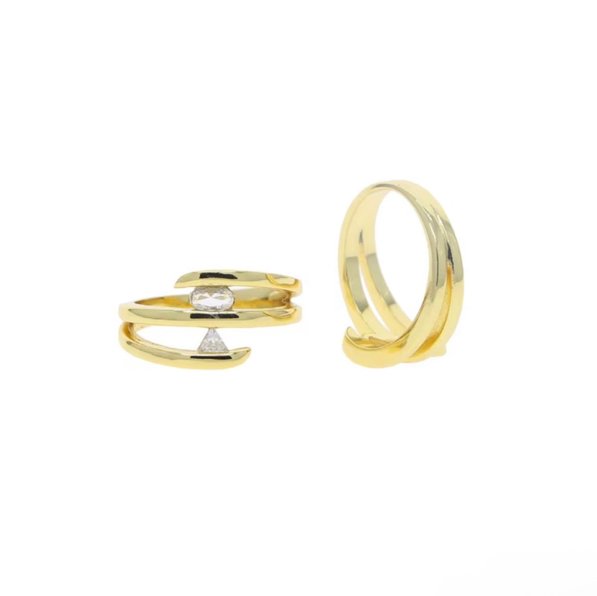 Gold Plated Three Circle Slippy Ring Jewelry With Iced Out Oval Triangle CZ Stone Paved Unique