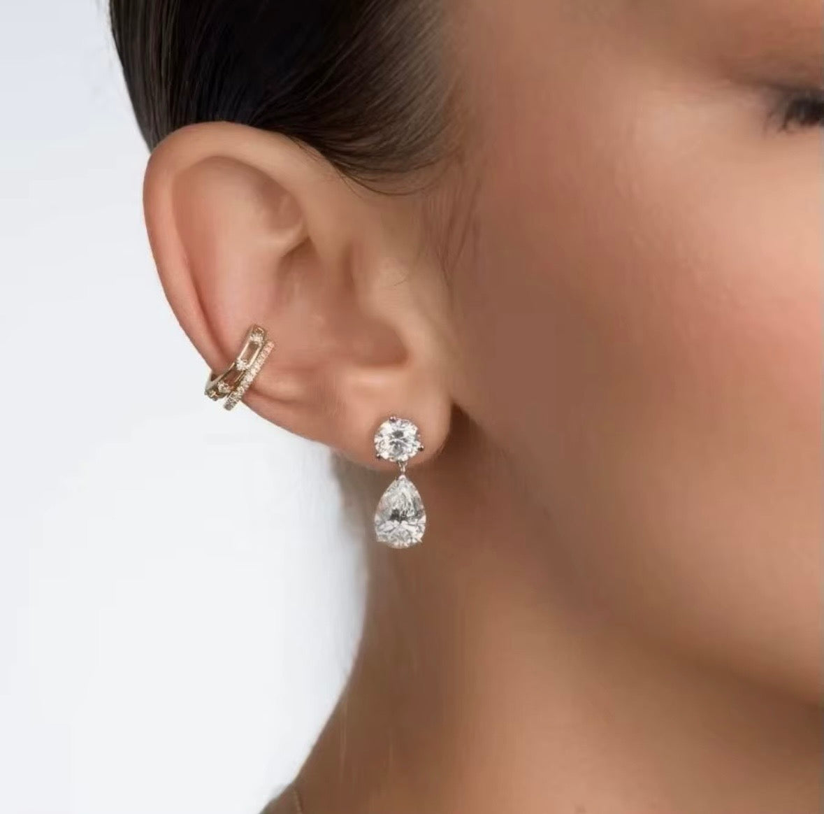 Round Tear Drop CZ Dangle Stud Earring  Luxury Fashion Jewelry