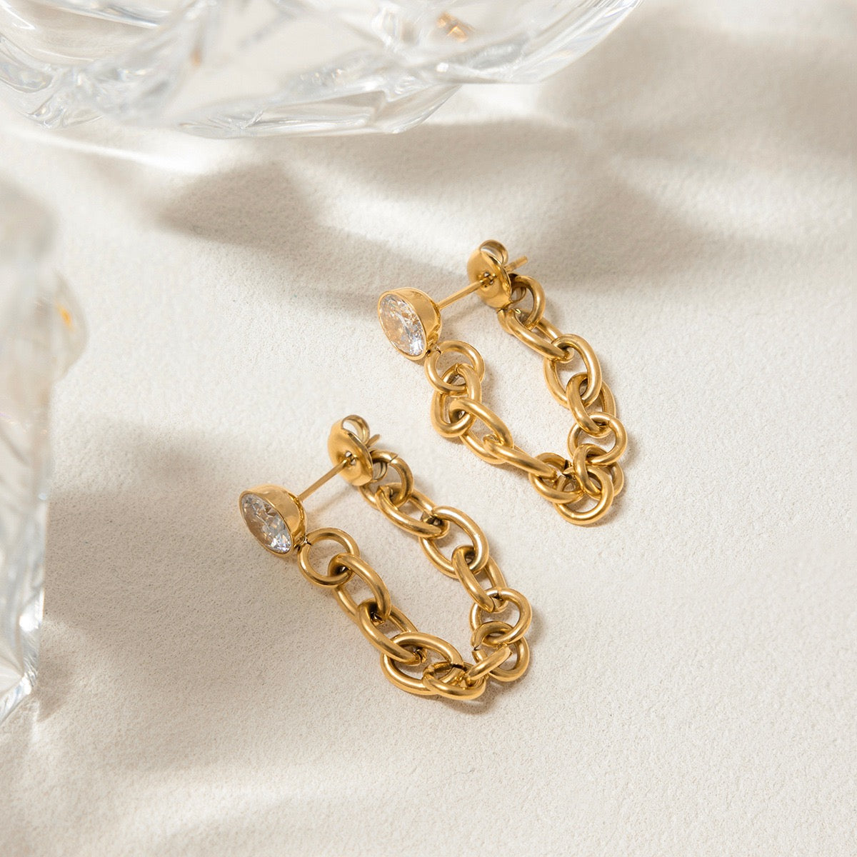 18k Gold Plated Stainless Steel Zircon Chain Earrings Bold Eye-Catching Party Date Jewelry Waterproof