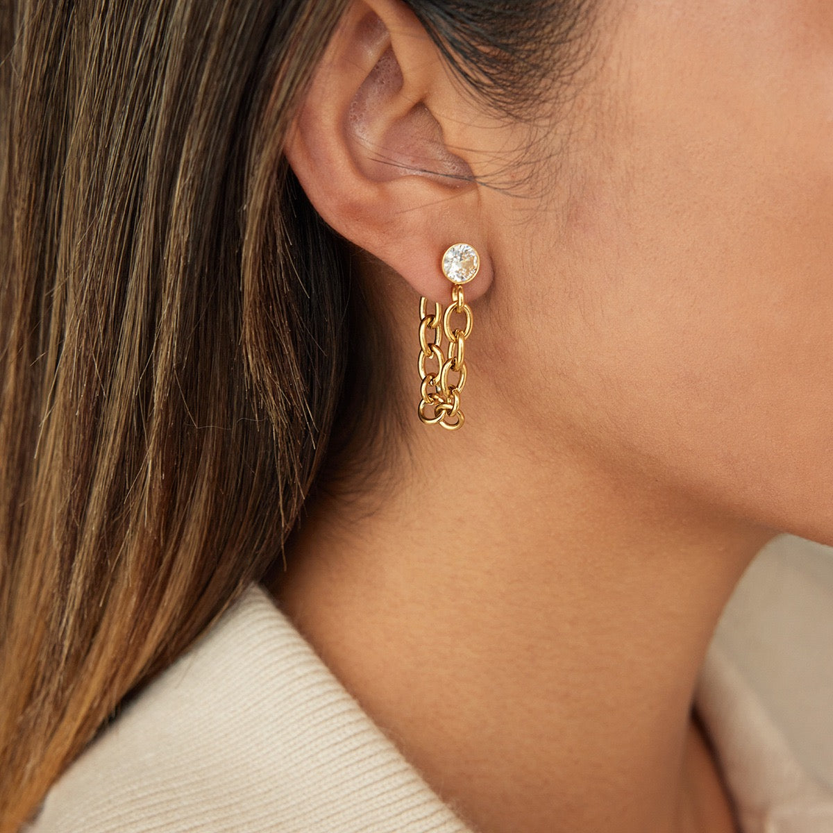 18k Gold Plated Stainless Steel Zircon Chain Earrings Bold Eye-Catching Party Date Jewelry Waterproof