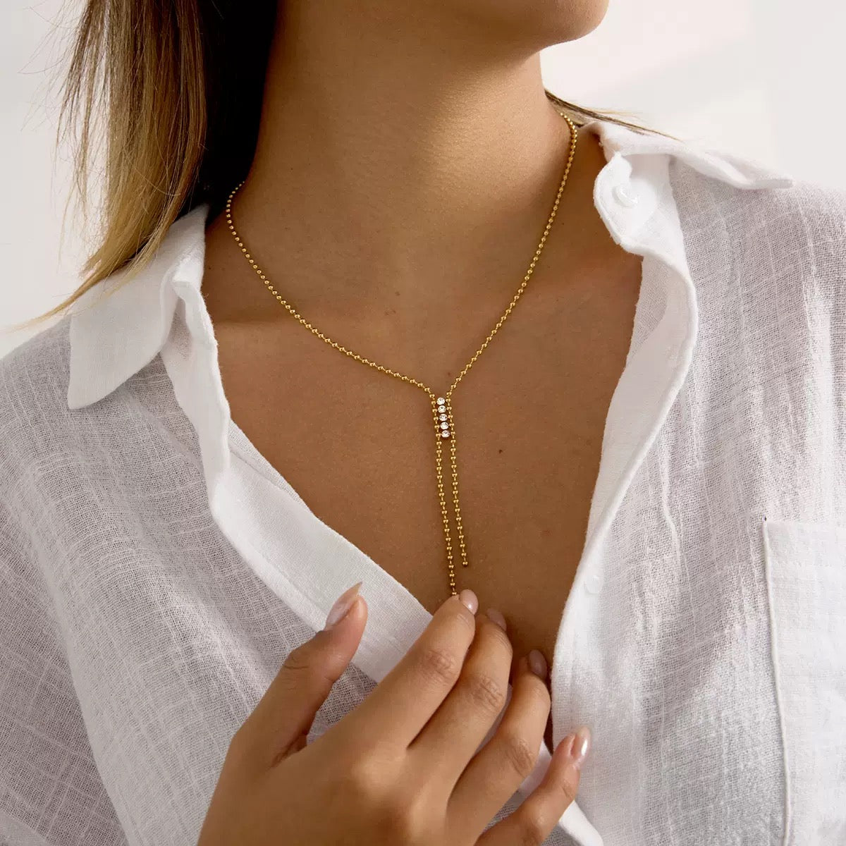 18K Gold Plated and Stainless Steel White Zirconia With Crystal Tassel pendant